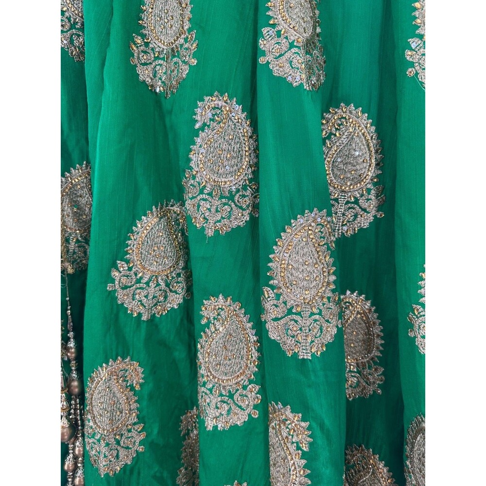 Indian Lehenga Maxi Emerald Green Gold Paisley Embroidered Flare Skirt Sz Small - Picture 4 of 8